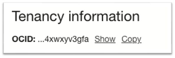 View of the tenancy OCID in the left column of the UI with the “copy” button. 
