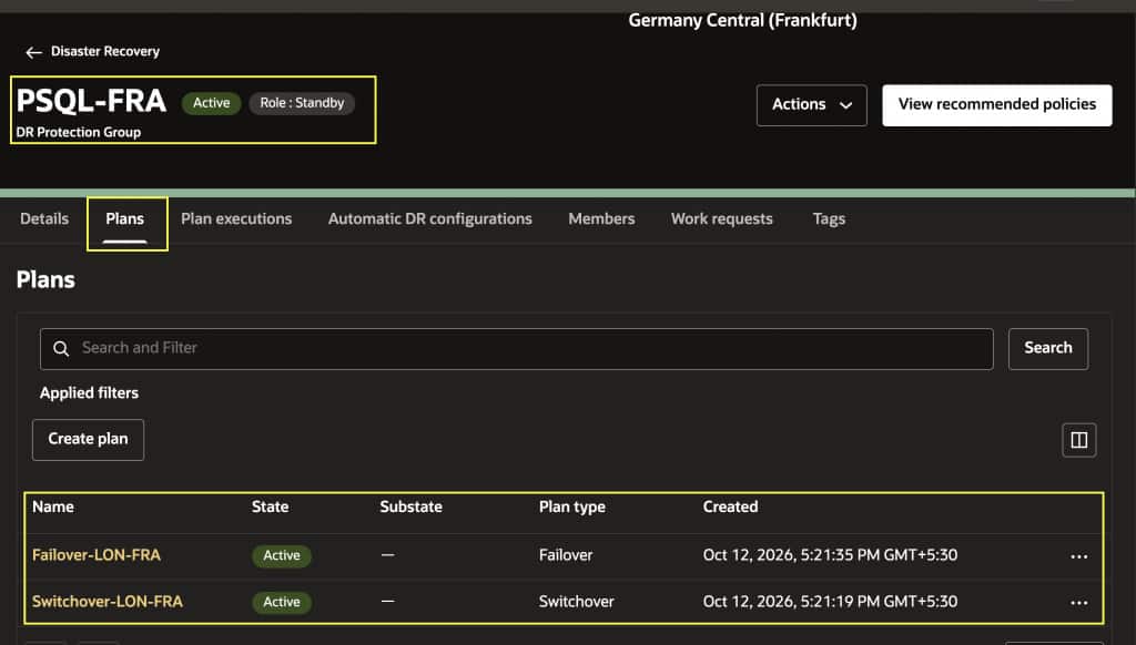 DR plans in the Frankfurt protection group