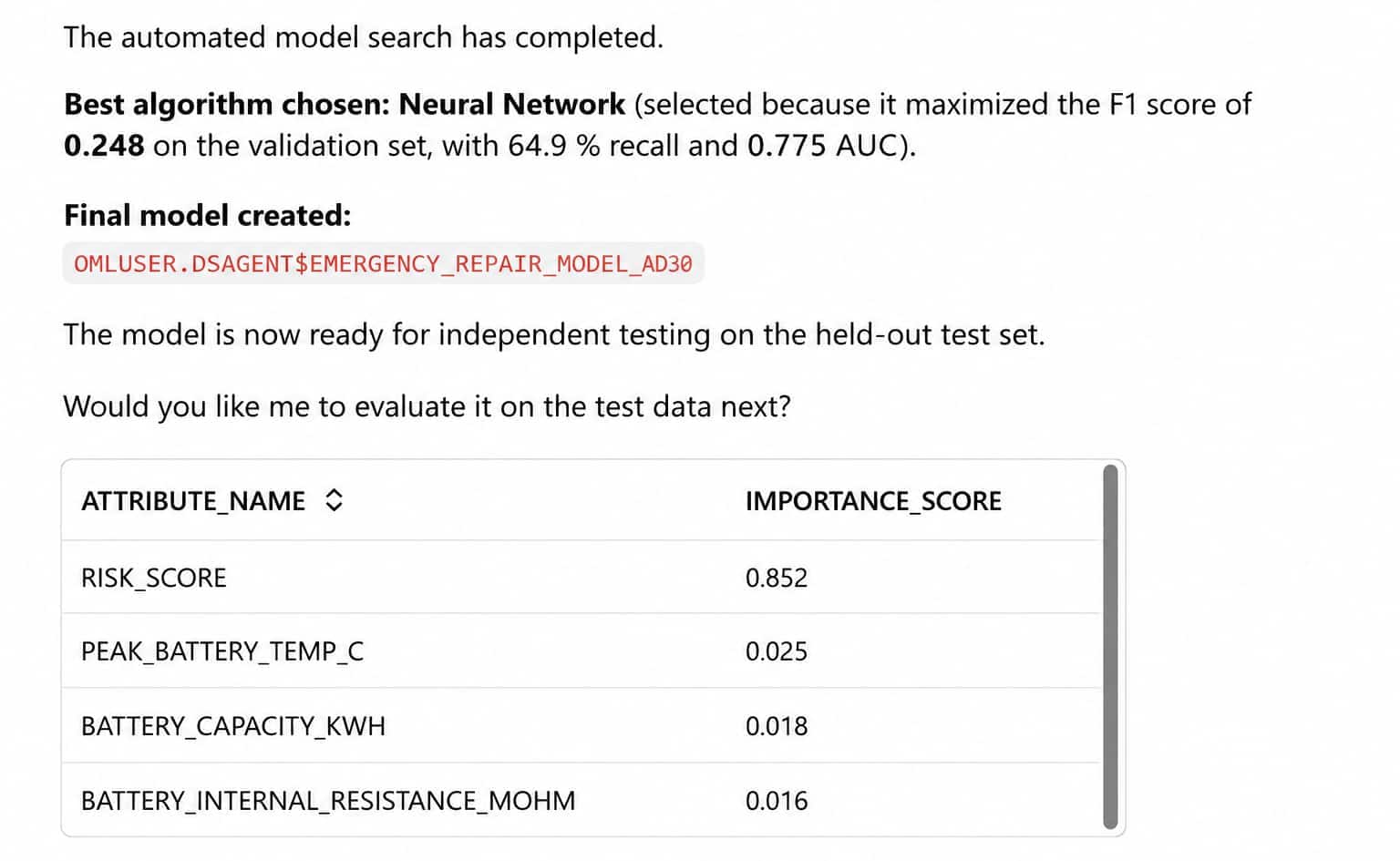 Automated Model Search results with selected-model metrics and feature importance.