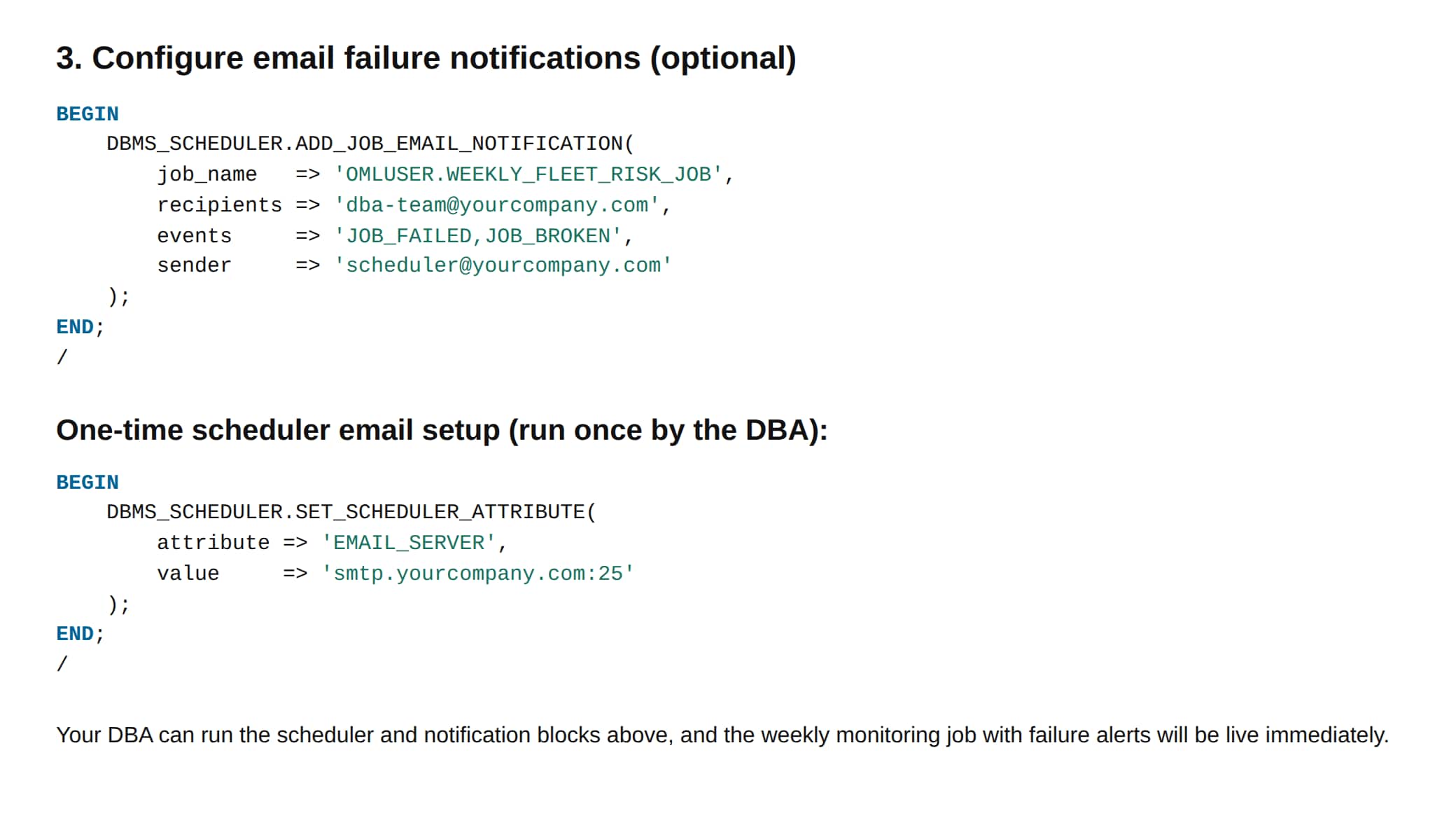 Scheduler failure notifications and email configuration.