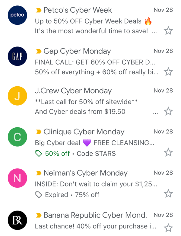 Retail brands that extended their email sender names to highlight Cyber Monday deals