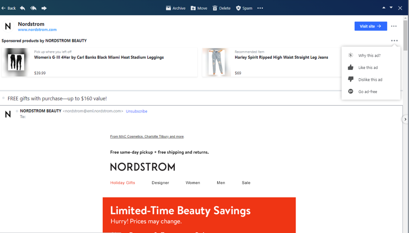 Advertising modules appear above email content