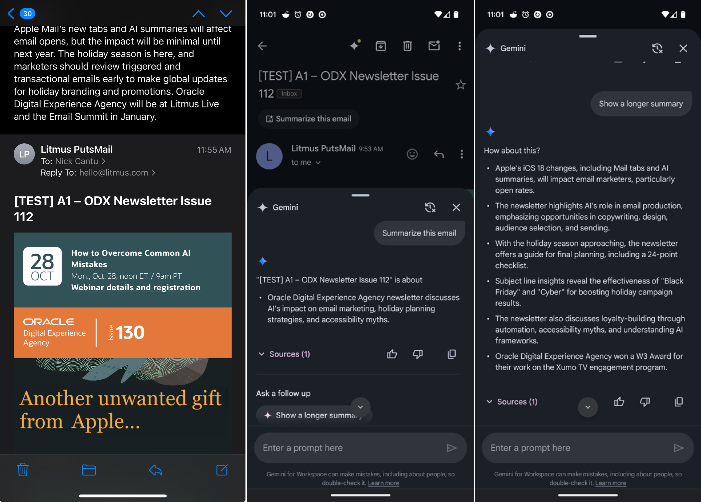 AI summaries after opening an email on iPhone and Android