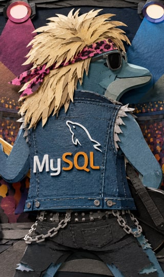The MySQL dolphin mascot in an '80s rock-inspired outfit with a blond wig, sunglasses, and a denim vest featuring the MySQL logo, posed on a concert stage.