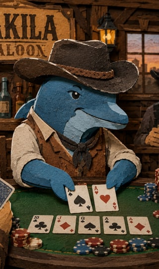 The MySQL dolphin mascot dressed as a cowboy, playing poker at a table in an Old West saloon.