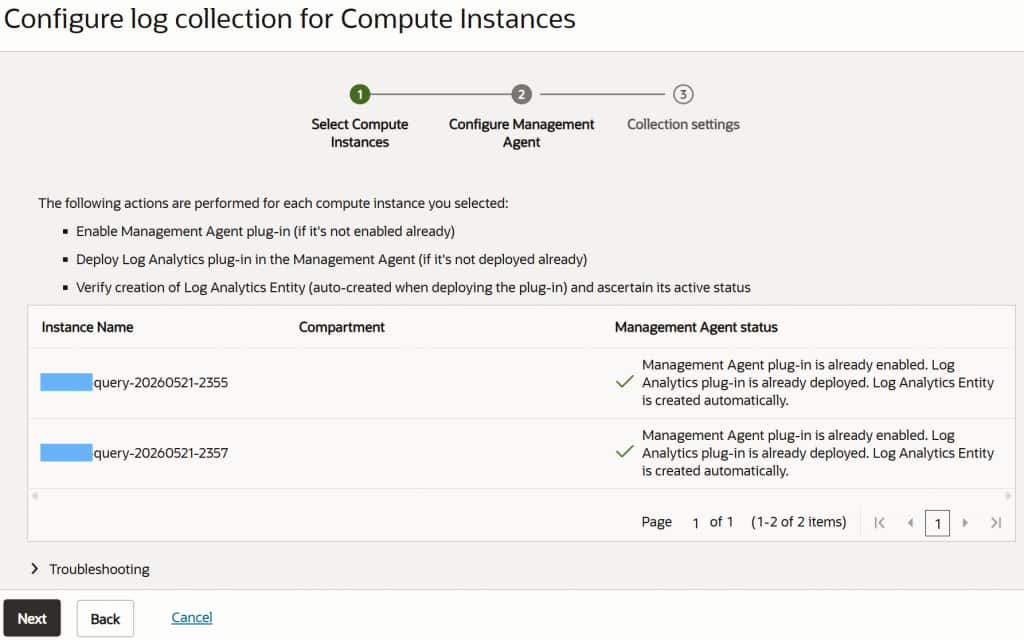 Log collection for Compute instances: Configure Management Agent
