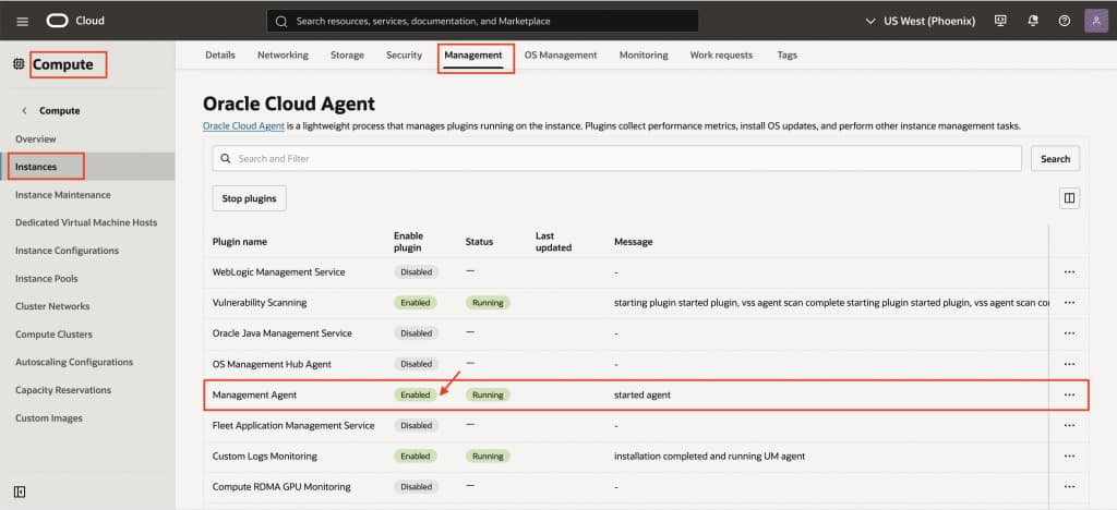 Log Analytics > Fusion Configuration > Blog1.png Enable the Management Agent plugin on the OCI Compute instance