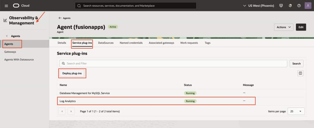 Log Analytics > Fusion Configuration > Blog2.png Verify that the Management Agent is active and the Log Analytics plug-in is running