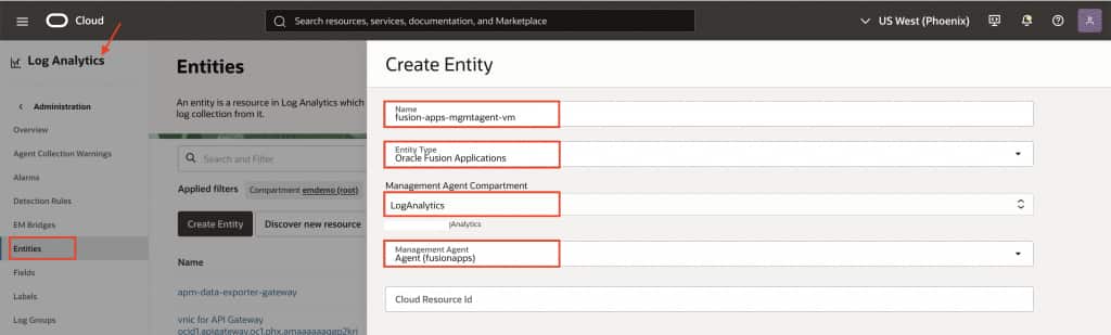 Log Analytics > Fusion Configuration > Blog3.png Create an Oracle Fusion Applications entity and select the Management Agent