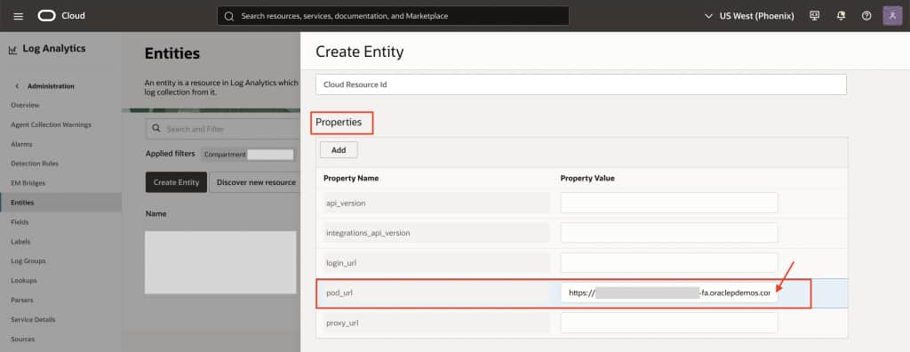 Log Analytics > Fusion Configuration > Blog4.png Configure the Fusion login_url, pod_url, and optional proxy_url entity properties