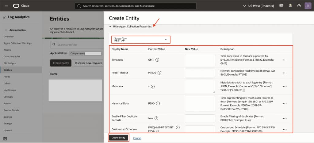Log Analytics > Fusion Configuration > Blog5.png Configure REST API agent collection properties for the Fusion entity
