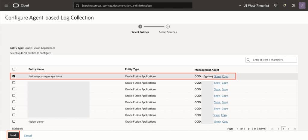 Log Analytics > Fusion Configuration > Blog7.png Select the Oracle Fusion Applications entity for log collection