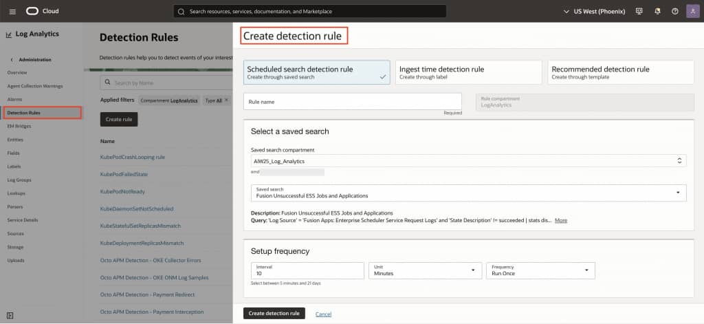 Configure detection rules to monitor Fusion log events and publish results to OCI Monitoring