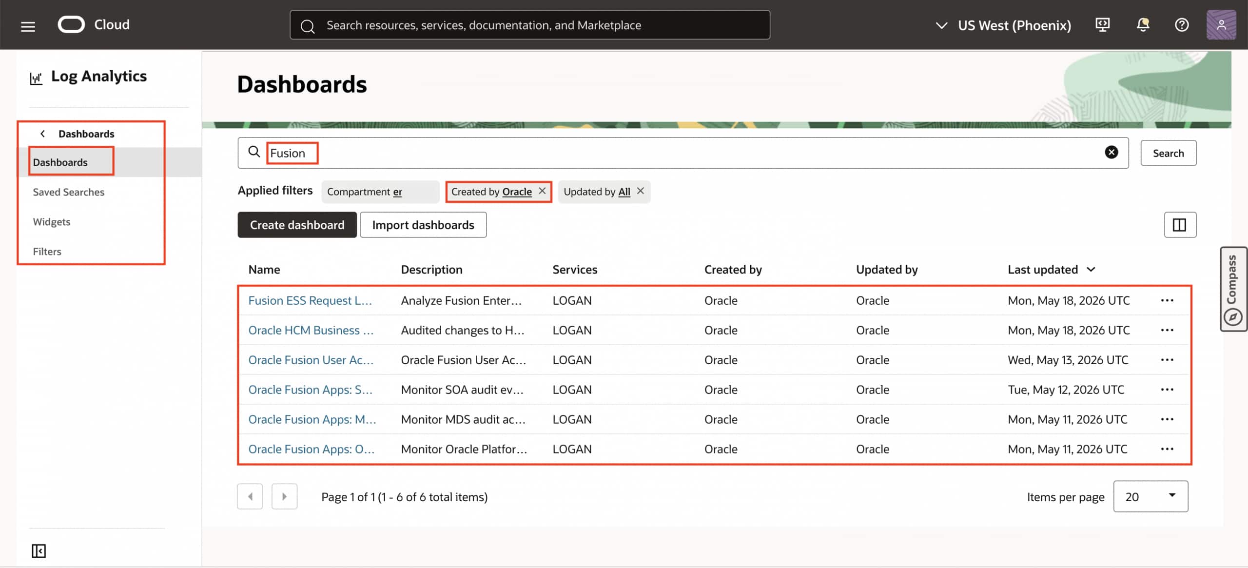 Oracle-defined Fusion Applications dashboards in OCI Log Analytics