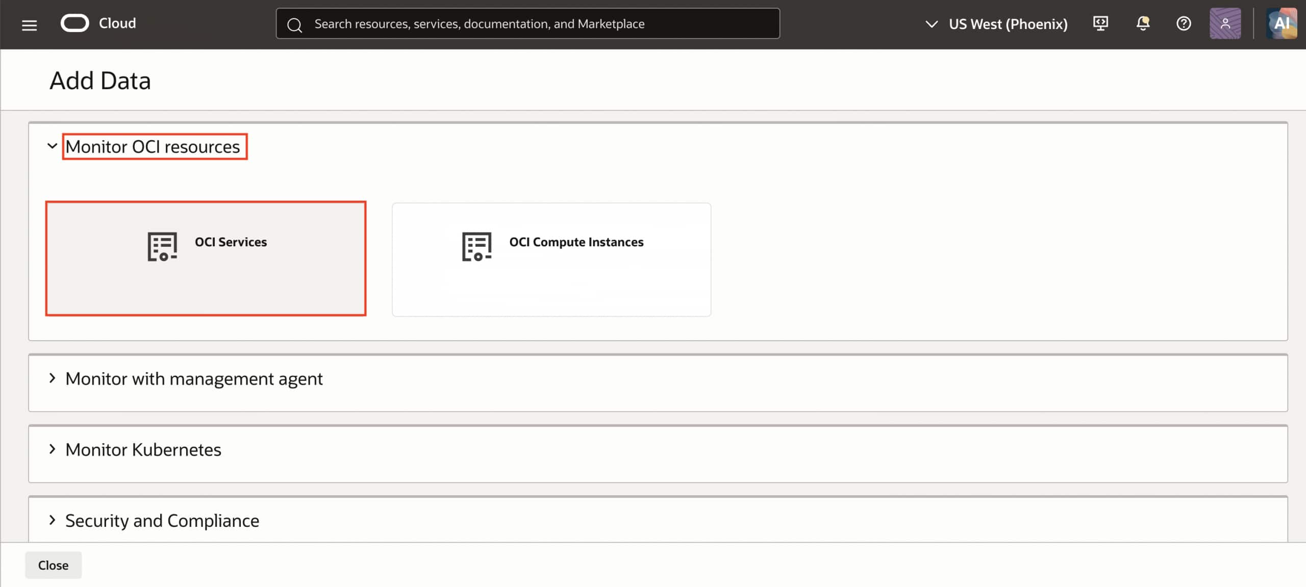 Start the guided collection workflow by selecting OCI Services under Monitor OCI resources