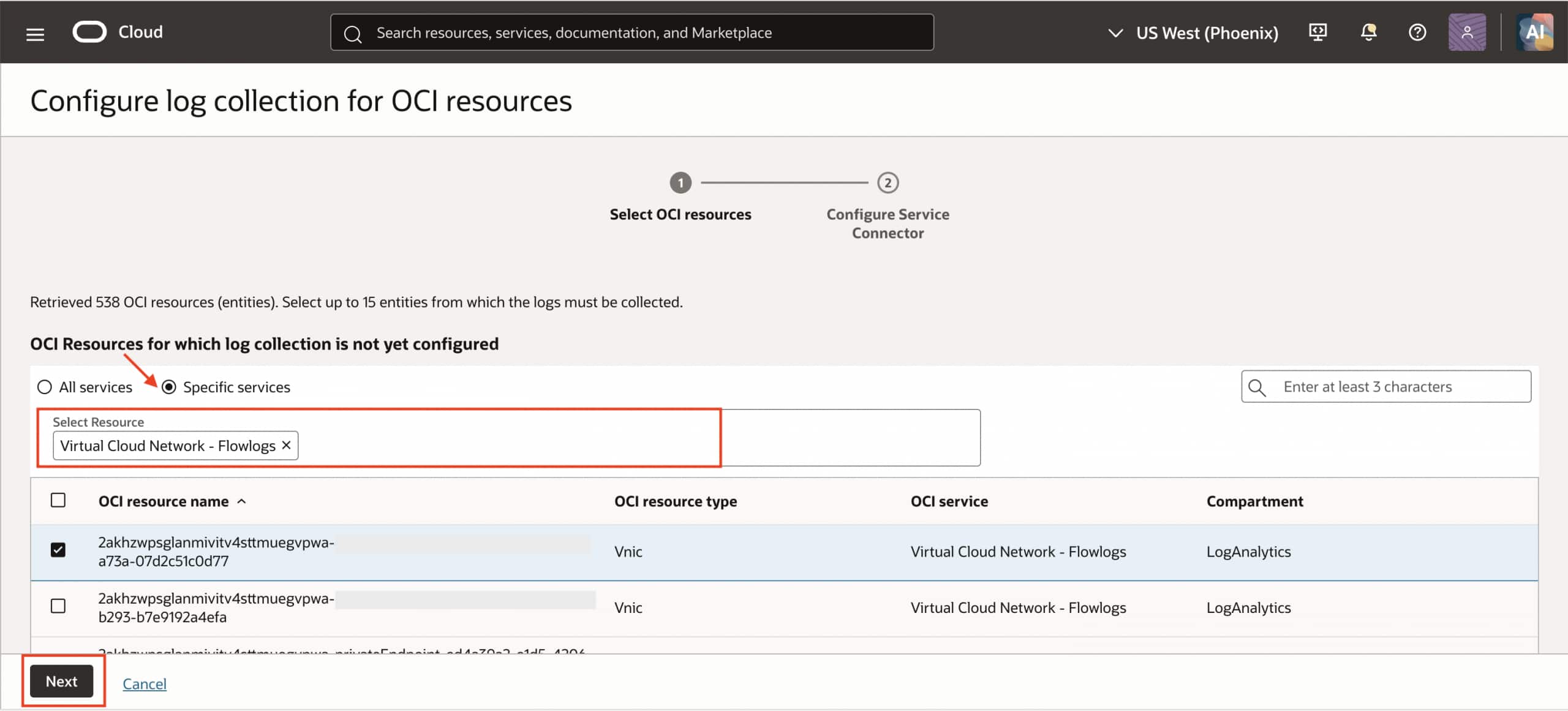 Select the VCN flow-log resources to include in collection