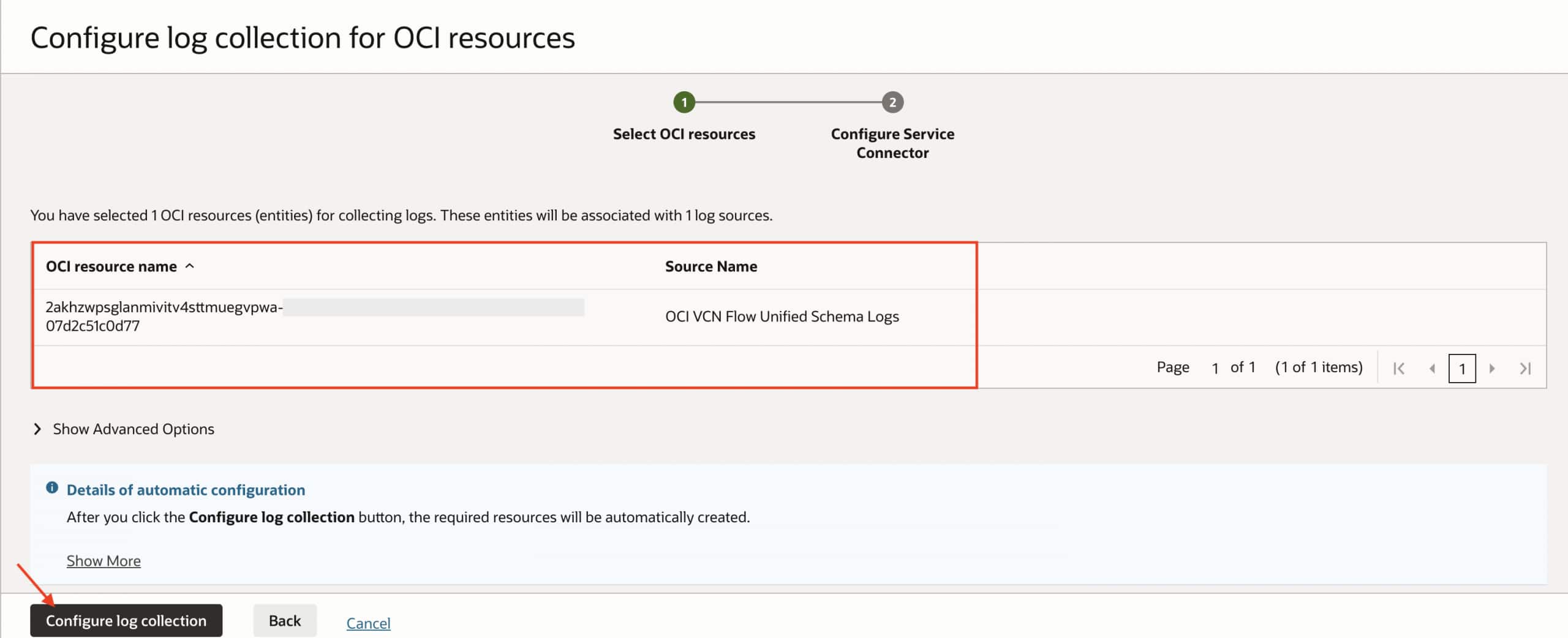 Confirm the selected resources and log source before configuring collection