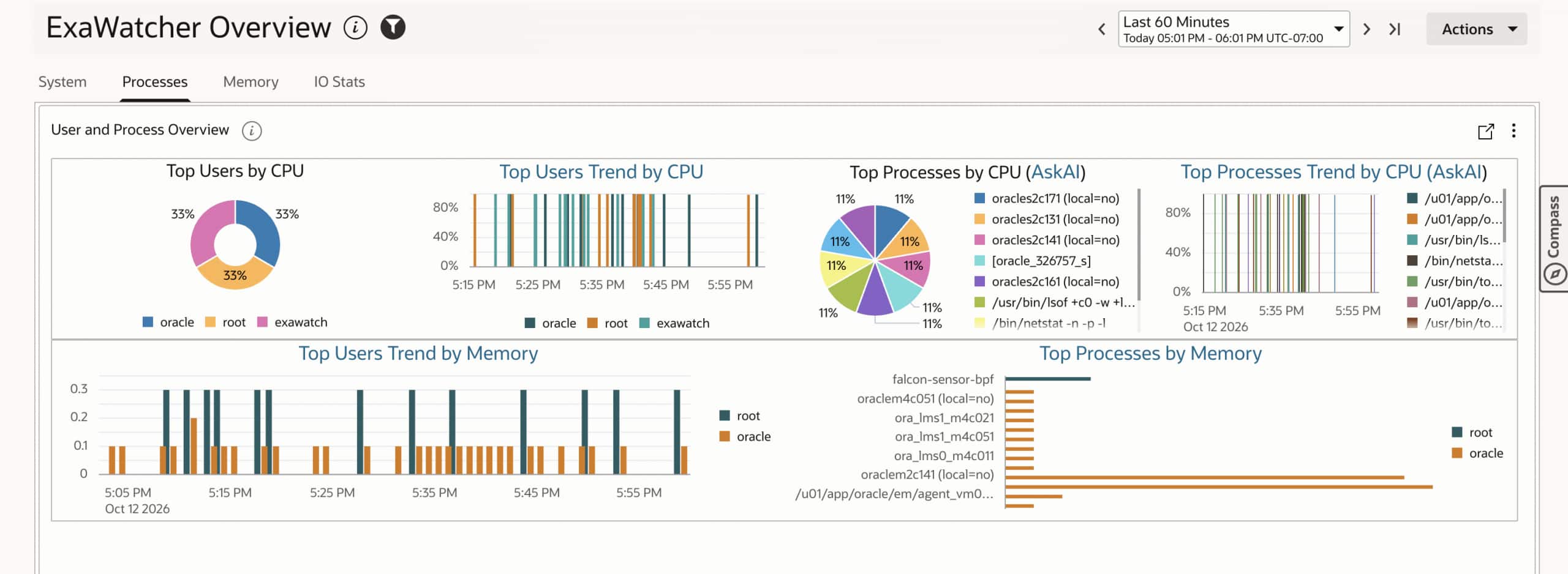 Identify processes whose CPU or memory consumption overlaps the affected workload