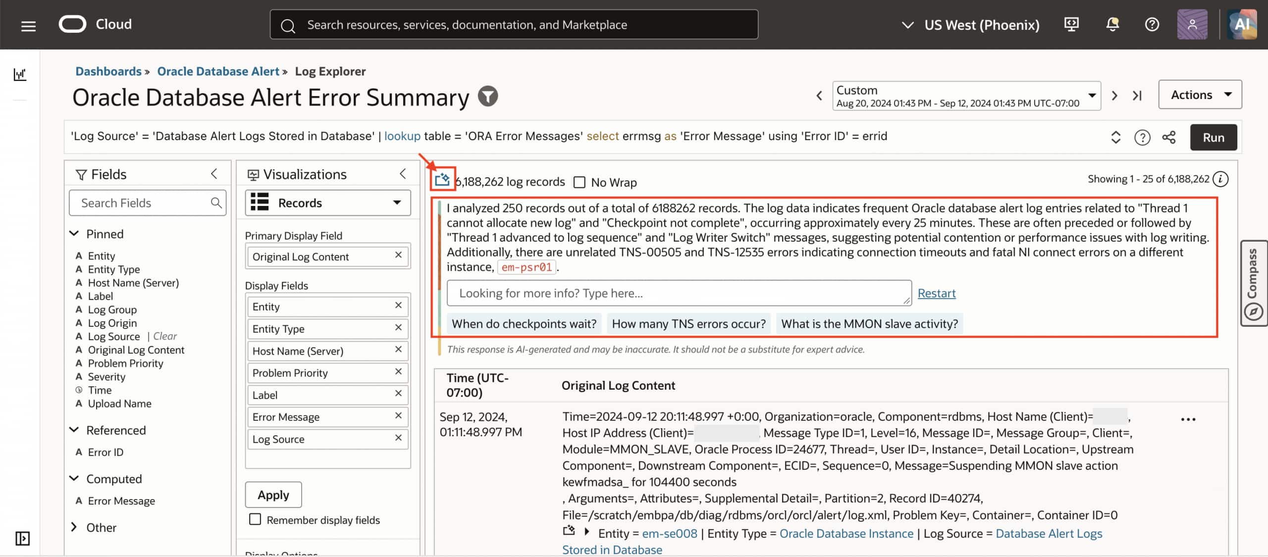 Explore selected diagnostic messages with LoganAI, then verify the explanation against the source records