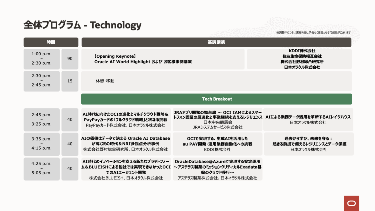 Oracle Cloud and AI Forum：タイムテーブル