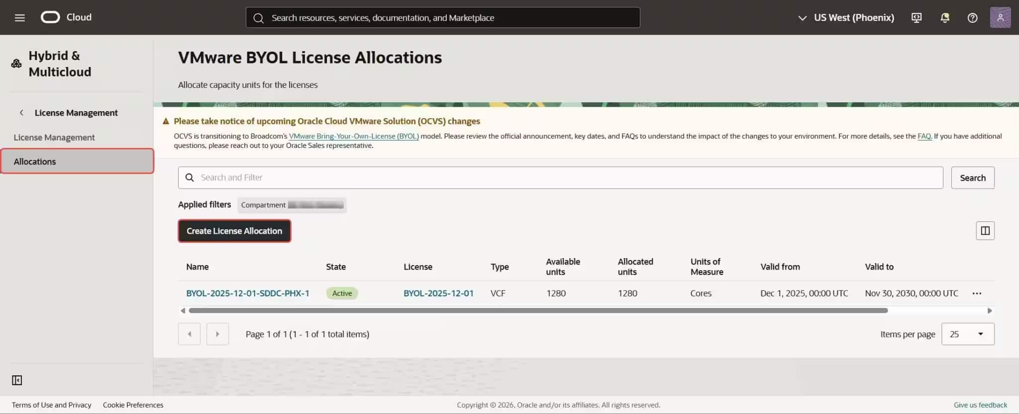how to allocate BYOL licesne capacity in region