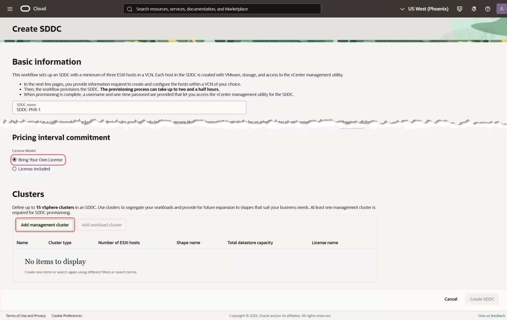 New License Model under "Pricing interval-Commitment" to select BYOL type.during new SDDC creation