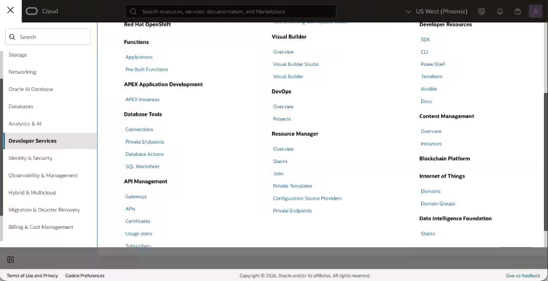 This is an image that shows where the OCI Internet of Things Platform fits in the overall OCI Console