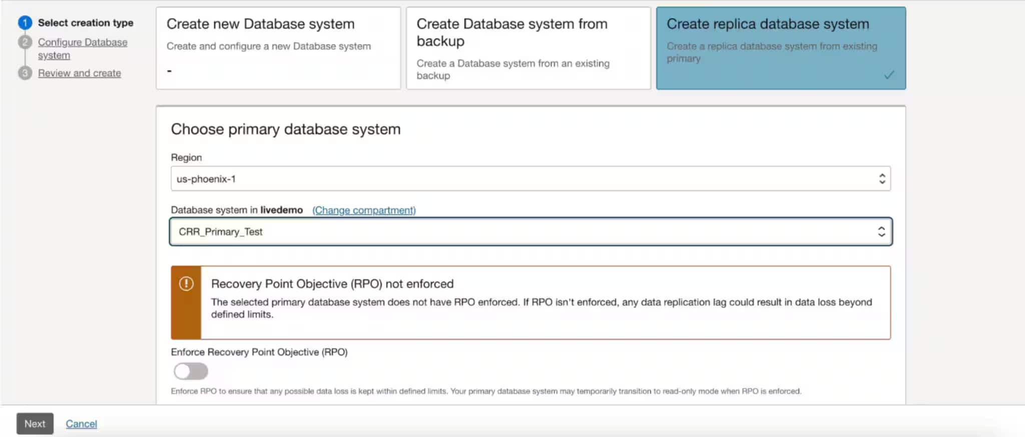 Replica creation flow in the secondary region, where the active primary database system is selected as the source for the warm standby.