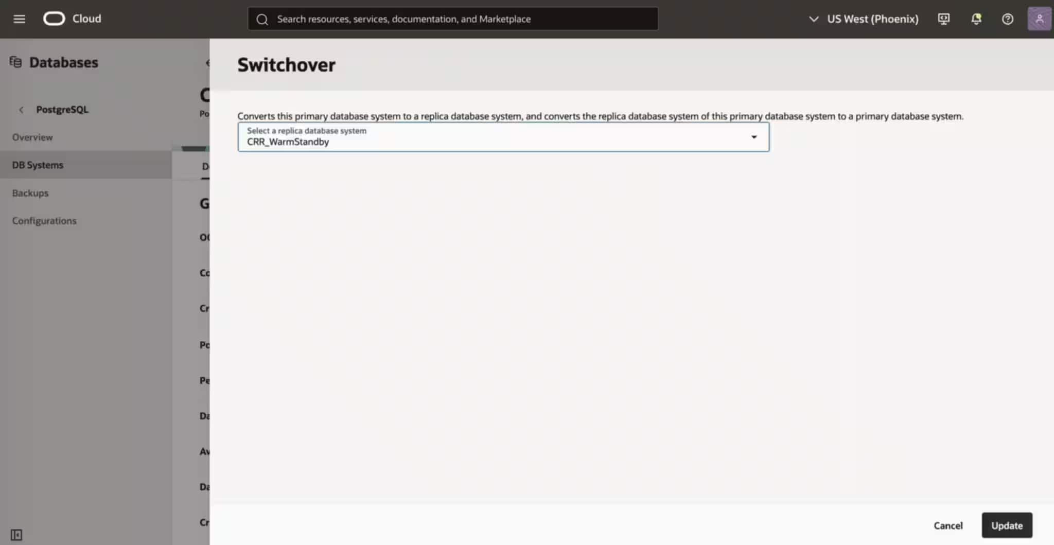 Switchover workflow for a controlled role reversal from the primary database system to the synchronized warm standby.