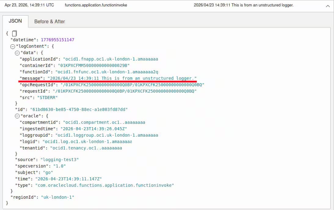 A screenshot showing a plain text string in the 'message' field in the OCI Logging UI