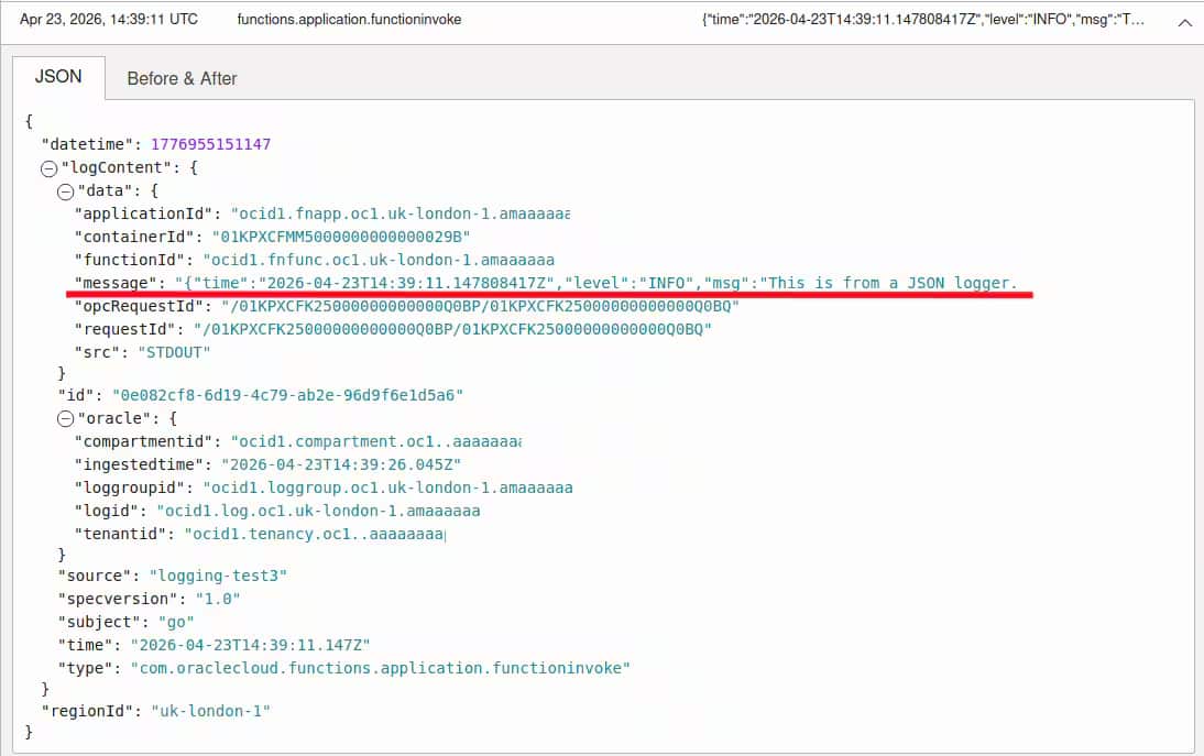 A screenshot showing a an escaped JSON object in a string in the 'message' field in the OCI Logging UI