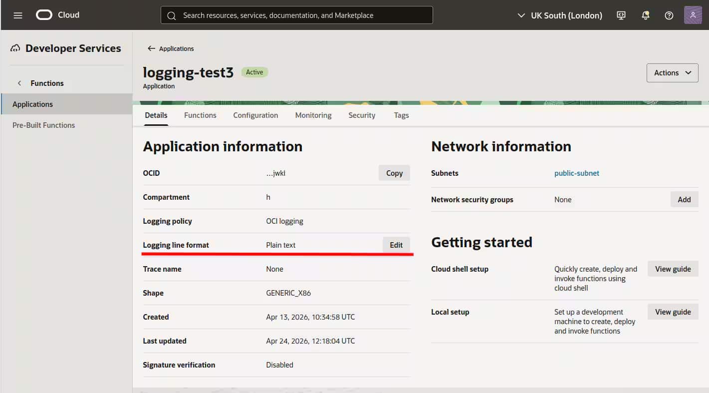 A screenshot showing the application details page in the OCI Console, with the 'Logging line format' field highlighted