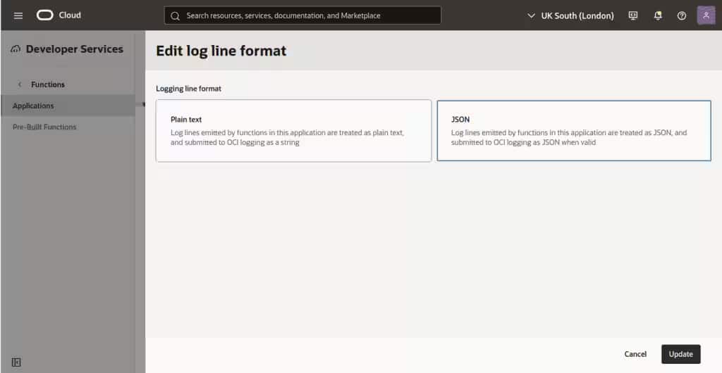 A screenshot showing the 'Edit log line format' modal in the OCI Console, with options of 'Plain text' or 'JSON'