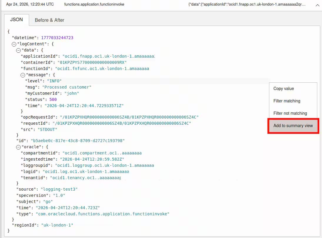 A screenshot showing the right-click menu for a field in the OCI Logging UI, with the 'Add to summary view' button highlighted