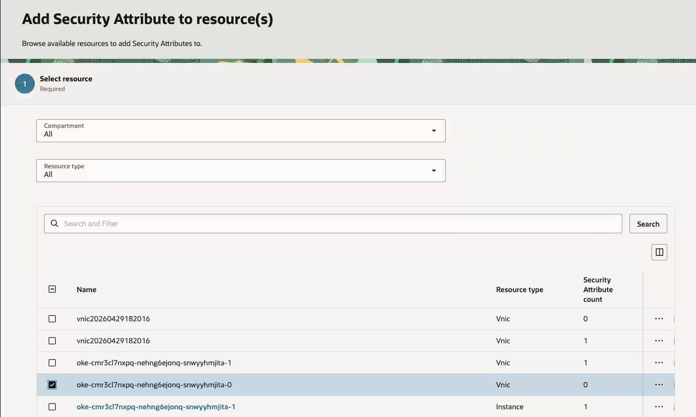 When assigning security attributes, teams can select the OKE-related VNIC resources that should participate in ZPR policy evaluation.
