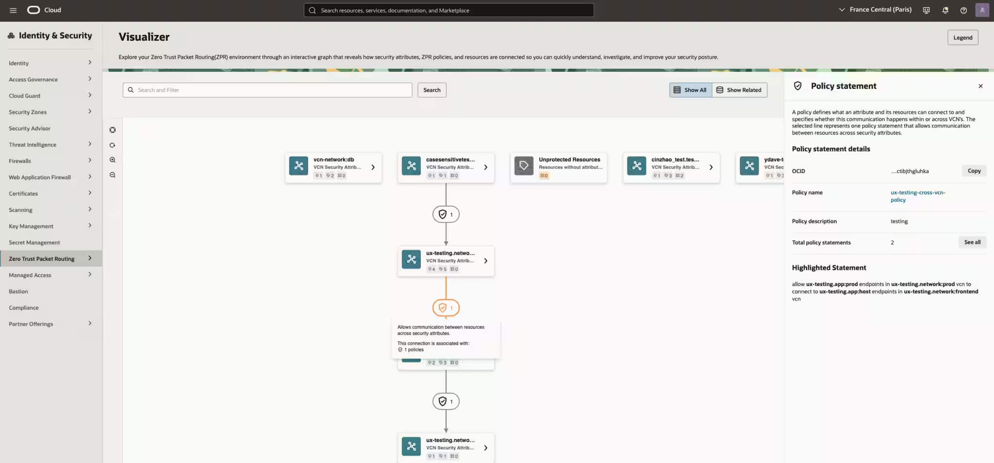 The policy detail view helps show which policy statement allows communication between attributed resources.