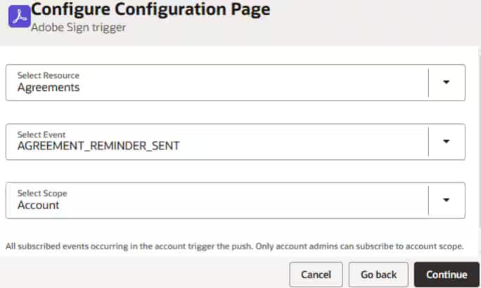Adobe Signアダプタの構成画面でリマインダの送信イベントを選択している画面のスクリーンショット