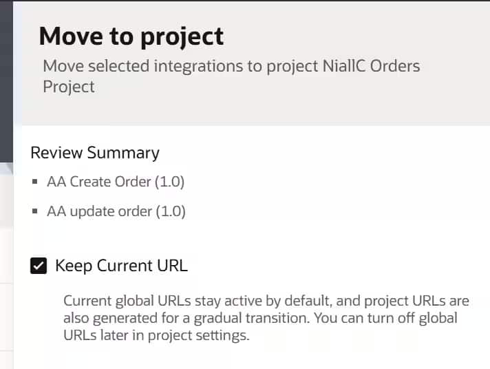 プロジェクトの移動（Move project）のレビュー・サマリー画面で、Keep Current URLが選択されている状態のスクリーンショット
