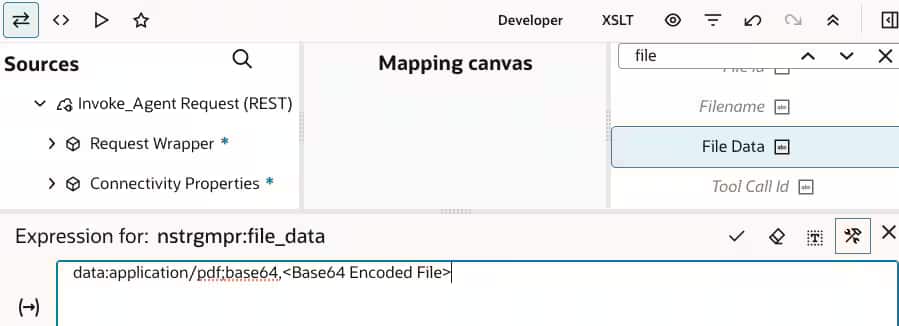 OpenAIアダプタに対して、添付ファイルをBase64でエンコードしたコンテンツとして送信する設定画面のスクリーンショット
