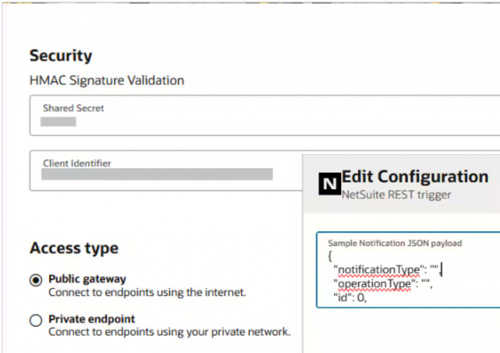 Oracle NetSuiteアダプタでHMAC署名検証の構成画面で、アクセス・タイプでパブリック・ゲートウェイを選択している画面のスクリーンショット