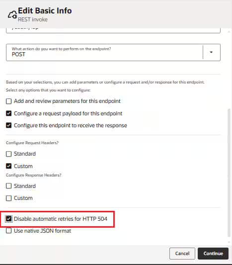呼び出し接続におけるHTTP 504 Gateway Timeoutエラーに対する自動再試行を無効に設定した画面のスクリーンショット