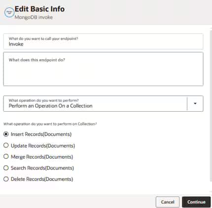 MongoDBアダプタの構成で、ドキュメントデータの挿入オペレーションを選択している画面のスクリーンショット