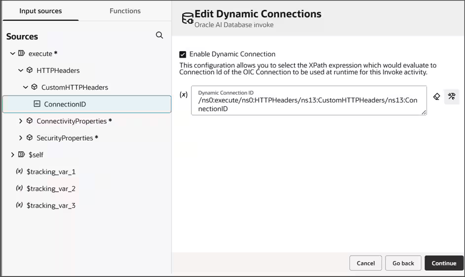 Oracle AI Databaseアダプタの動的接続の構成画面のスクリーンショット