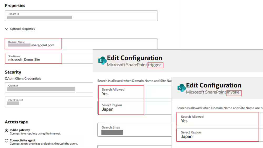 Microsoft SharePointアダプタの呼び出しおよびトリガー接続の構成画面で、リージョンを指定してサイト検索を指定しているスクリーンショット
