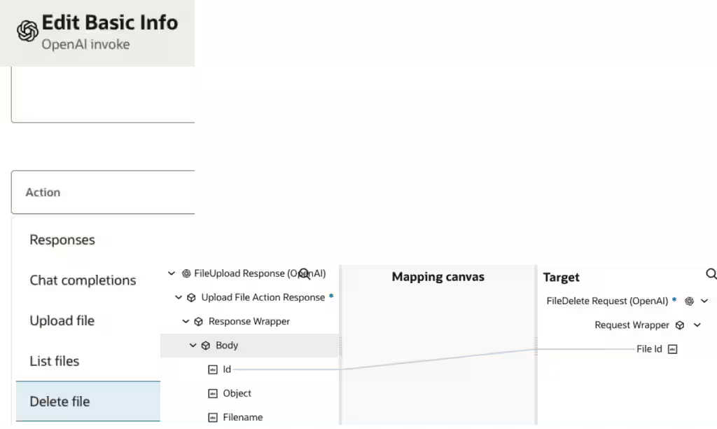 OpenAIアダプタでファイル削除の構成画面のスクリーンショット