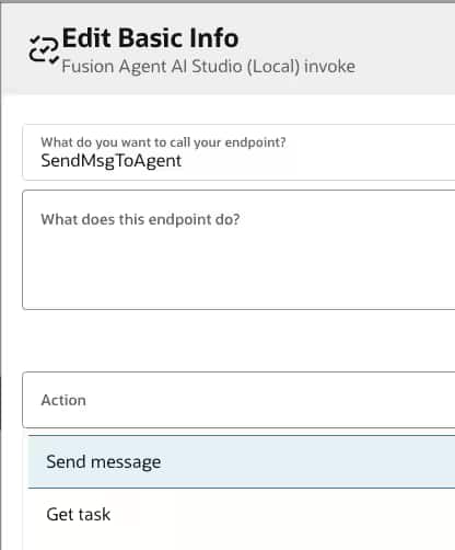Fusion Agent AI Studioアダプタ（Invoke）のアクションを選択する画面のスクリーンショット
