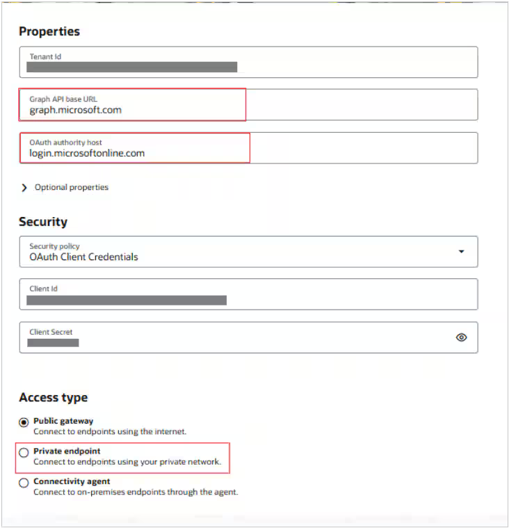 Microsoft SharePointアダプタの構成画面。Graph API Base URLとOAuth Authority Hostを設定している画面のスクリーンショット