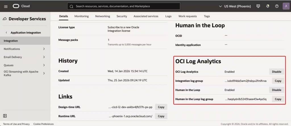 Log AnalyticsとHITLの公開設定が有効になっているインスタンスの詳細ページのスクリーンショット