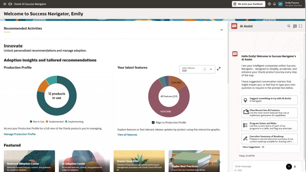 Oracle AI Success Navigator homepage with AI Assist screenshot.