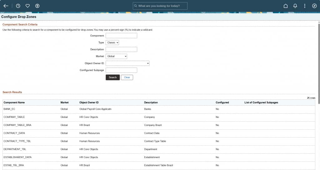Screen shot of the Configure Drop Zone page in PeopleTools 8.63 that shows only components that have Drop Zones available to configure.